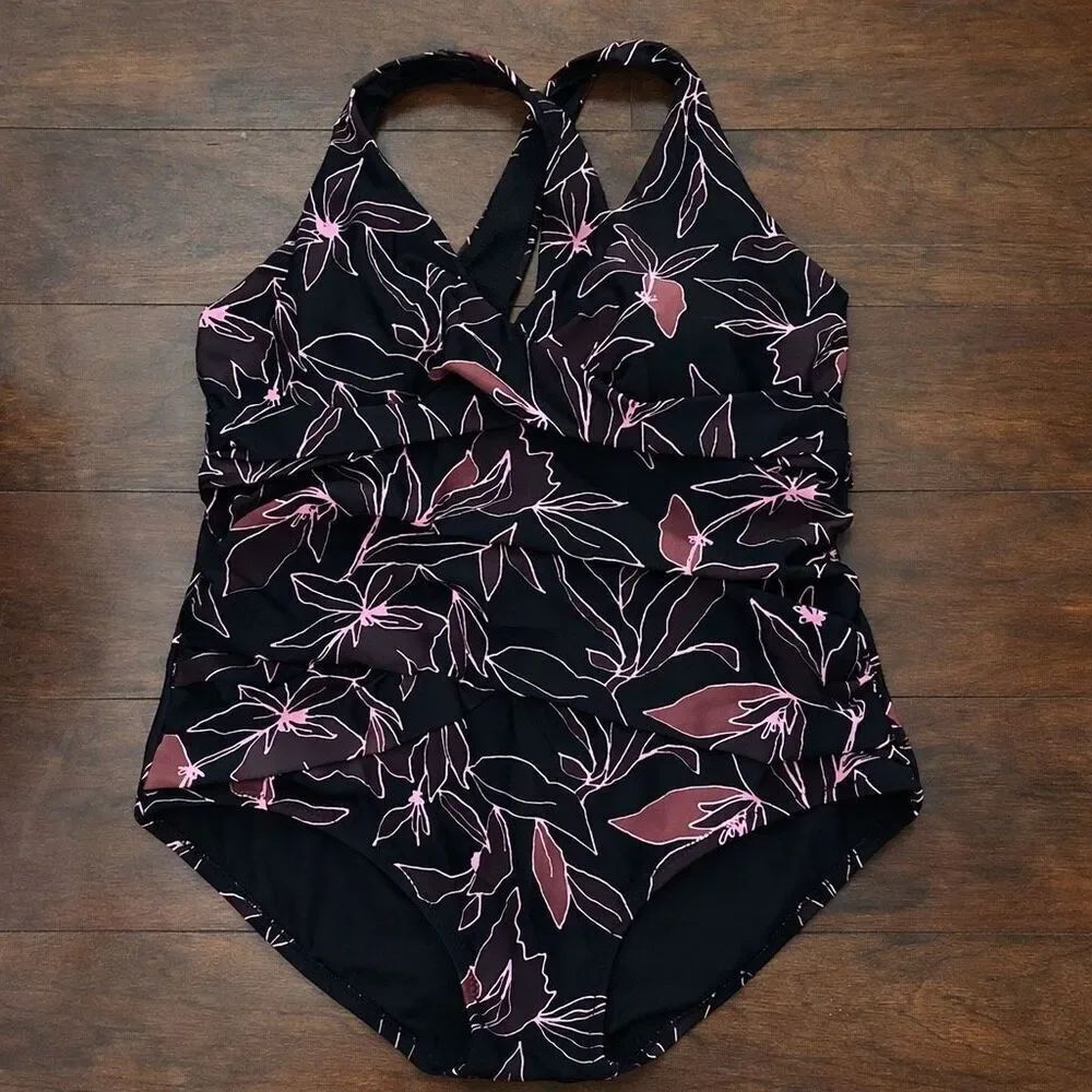 Eddie Bauer Halter One Piece Swimsuit Floral Black Women XXL Coastal Preppy